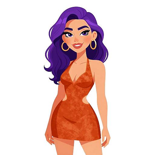 Digital illustration of a confident woman with long purple hair, wearing a red, floral-patterned, halter mini-dress, and large gold hoop earrings
