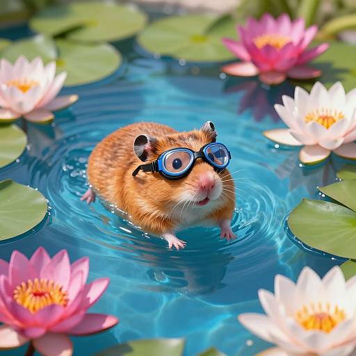 Photograph of a cute hamster with round blue goggles swimming in a clear blue pond surrounded by pink and white water lilies.