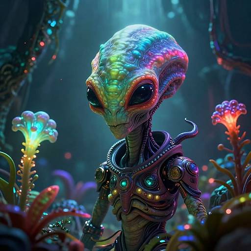 Digital art of a glowing, alien creature with large, dark eyes and iridescent, scaly skin, adorned with futuristic jewelry, standing in a