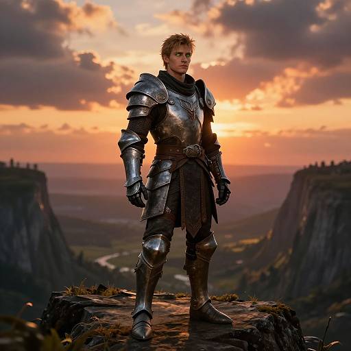 Photorealistic digital art of a determined young man in silver armor standing on a rocky cliff at sunset, with dramatic, cloud-filled sky and distant castle