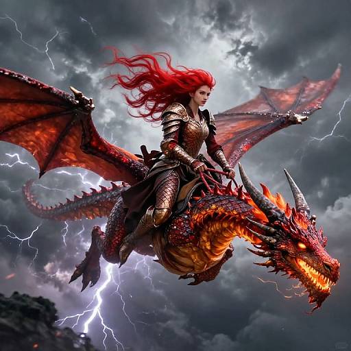 Digital artwork of a red-haired warrior woman in black and gold armor riding a fiery, red-scaled dragon amidst a stormy, lightning-filled sky.