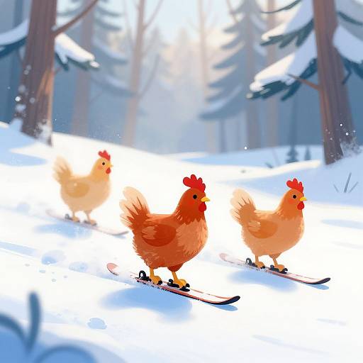 Digital illustration of three colorful chickens skiing in a snowy forest. Bright red combs, orange-brown feathers, and black ski boots on skis,