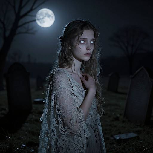Photograph of a pale, long-haired woman with glowing white eyes, wearing a lace shawl, standing in a dark, moonlit cemetery with tomb