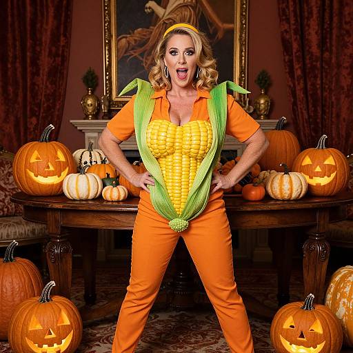 Photograph of a blonde woman in an orange jumpsuit with a corn-patterned chest, green leaf vest, and Halloween pumpkins in a richly