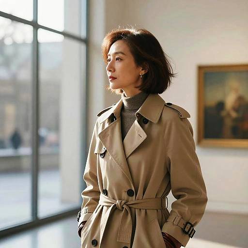 Mature Woman in Trench Coat at Art Gallery