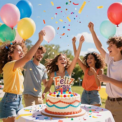 Photograph of four smiling friends celebrating a birthday outdoors, surrounded by colorful balloons and confetti, cheering around a decorated cake with 