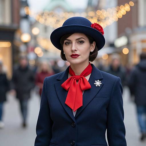 Photograph of a stylish woman with fair skin, dark brown hair, wearing a black hat with red flower, navy suit, red scarf, white snow