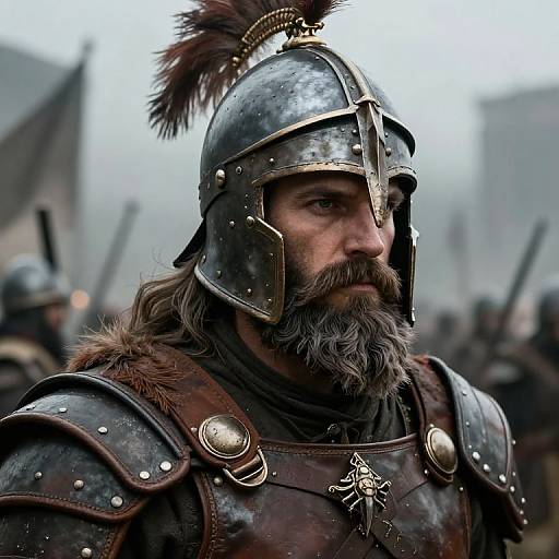 Digital artwork of a rugged, bearded Viking warrior with a dark helmet adorned with a feather, wearing armored leather and metal. Misty background, blurred
