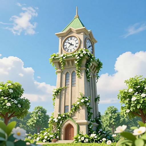 Digital illustration of a tall, beige clock tower adorned with green vines and white flowers, set against a bright blue sky with fluffy clouds. Flanked by