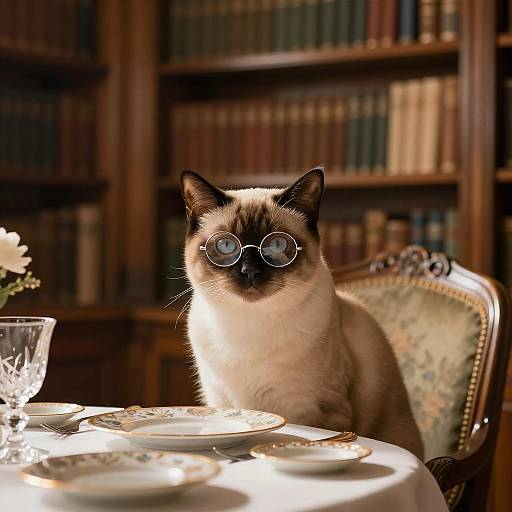 Siamese Cat with Glasses at Vintage Dining Table