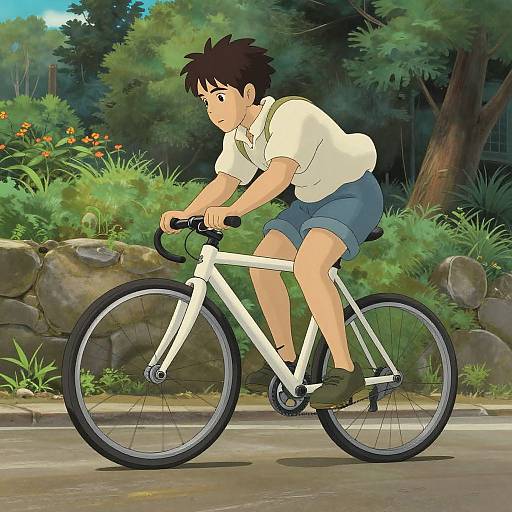 Anime-style digital illustration of a young boy with short black hair, wearing a white shirt and blue shorts, riding a white bicycle on a paved path surrounded