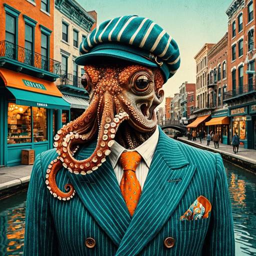 Vintage Octopus in Striped Blazer and Newsboy Cap