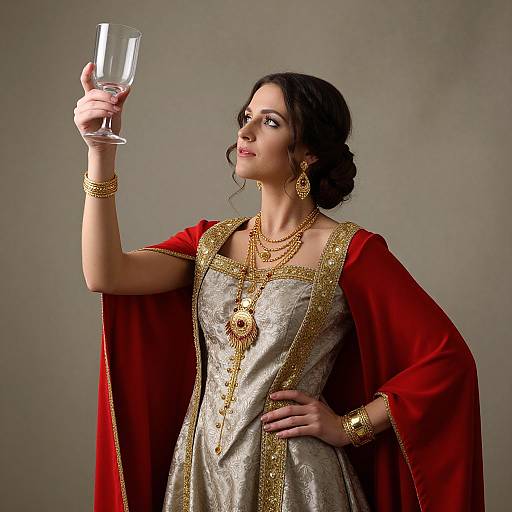 Photograph of a dark-haired woman in a gold and red medieval-style dress, holding a wine glass aloft, with elegant jewelry against a gray background