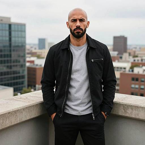 Photograph of a bald, bearded man with a serious expression, wearing a black jacket over a gray shirt, leaning against a concrete balcony with urban