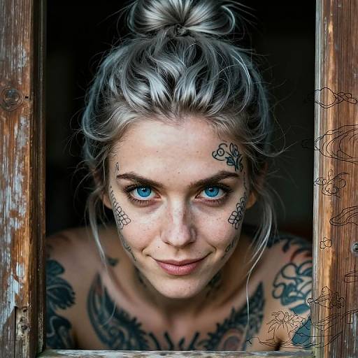 Photograph of a tattooed woman with silver hair in a messy bun, blue eyes, and black facial tattoos, peering through a wooden frame.