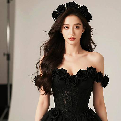 Elegant Woman in Floral Black Outfit