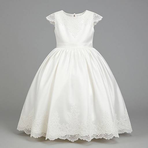 Photograph of a white, lace-trimmed, sleeveless, knee-length dress with a fitted bodice and full skirt, displayed against a plain