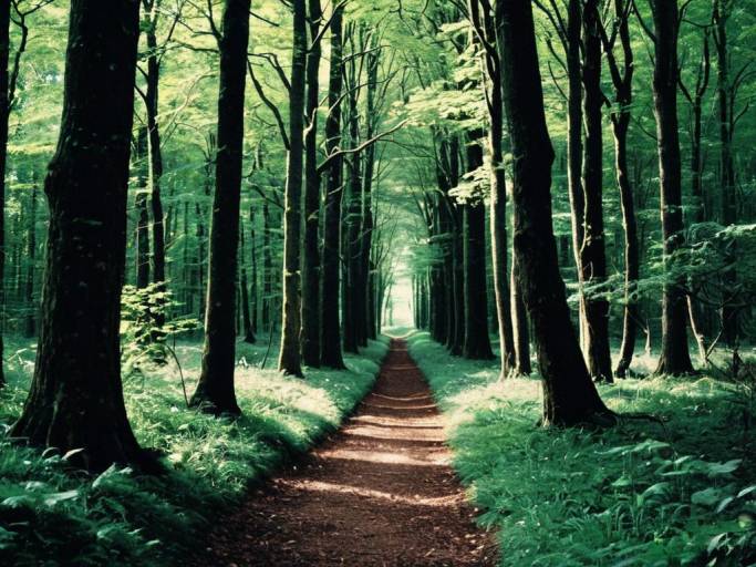 Forest Pathway Through Tall Trees