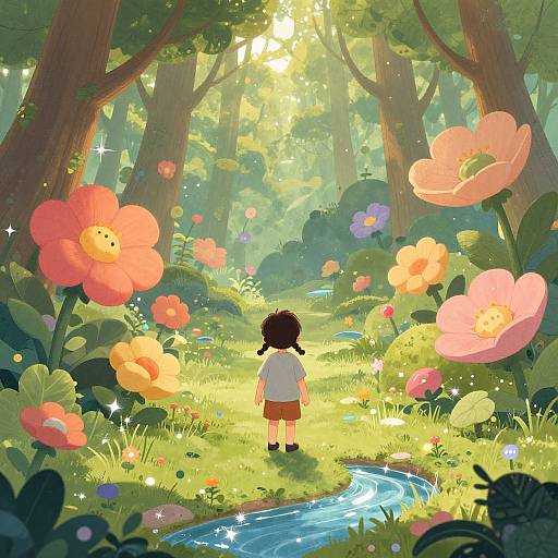 Digital art: Child with curly hair, white shirt, and brown skirt stands by a sunlit forest stream, surrounded by vibrant, oversized flowers. Spark