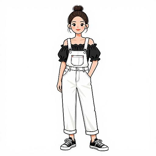 Digital drawing of a cute young woman with dark hair in a bun, wearing black off-shoulder top, white overalls, and black sneakers,