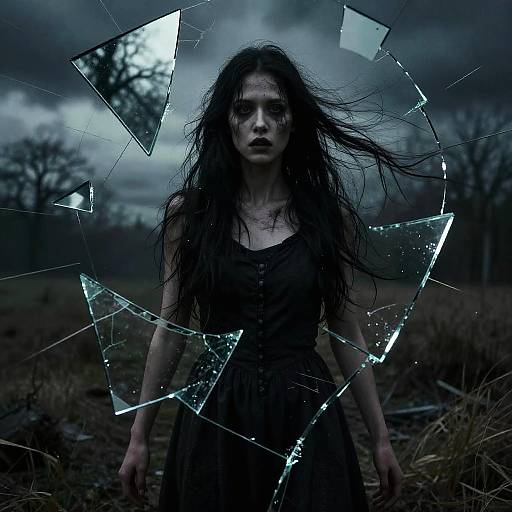 Photograph of a pale, dark-haired woman with wild hair, wearing a black dress, surrounded by shattered glass, in a dark, stormy forest