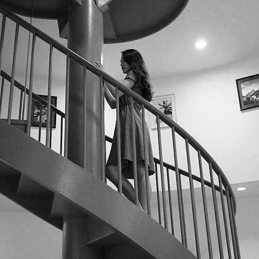 Elegant Woman on Spiral Staircase in B&W