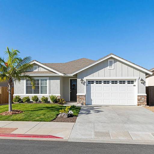 Photograph of a single-story suburban house with white exterior, gray shingle roof, white garage doors, and neatly landscaped front yard under a clear
