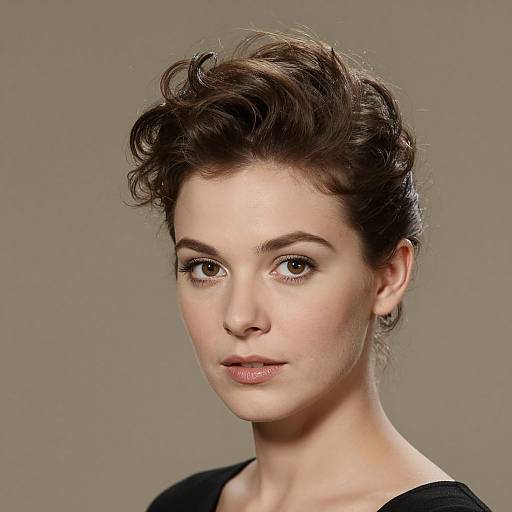 Photograph of a young Caucasian woman with short, wavy brown hair, light skin, and subtle makeup, wearing a black top, against a plain