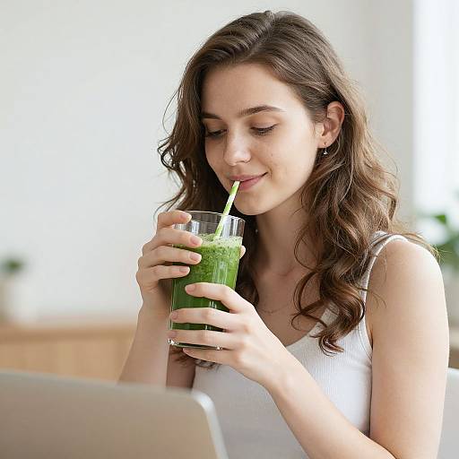 Photograph of a young woman with long brown hair, wearing a white tank top, smiling while sipping a green smoothie with a straw, sitting
