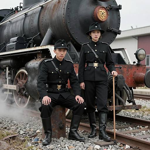 Serious Duo by a Rusty Steam Engine