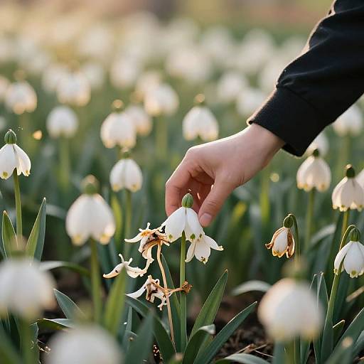 Hand Touching Blooming White Snowflake Flowers