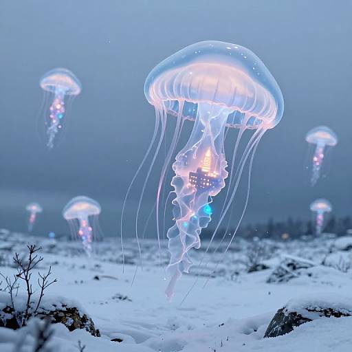 Photograph of glowing jellyfish floating in a snowy, blue-toned ocean at night, their translucent bodies and flowing tentacles illuminated against a foggy