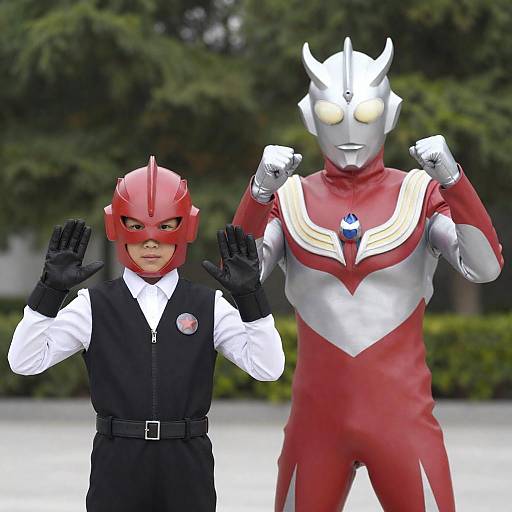 Child and Adult in Superhero Costumes Outdoors