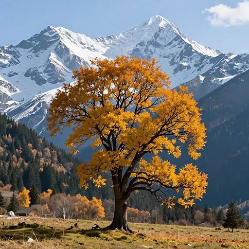 Solitary Tree Amidst Autumn and Mountains
