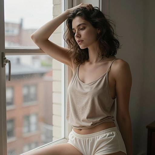 Brunette Woman in Beige Tank Top by Window