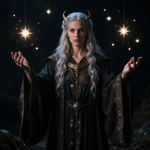 Photograph of a fair-skinned woman with long silver hair, wearing a black, gold-embroidered robe with horns, holding out hands,