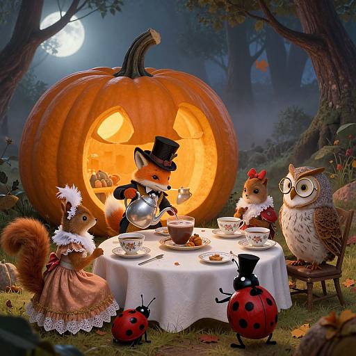 Whimsical forest scene with anthropomorphic squirrels and owl in Victorian dresses, having tea at a table under a glowing pumpkin moonlit night.