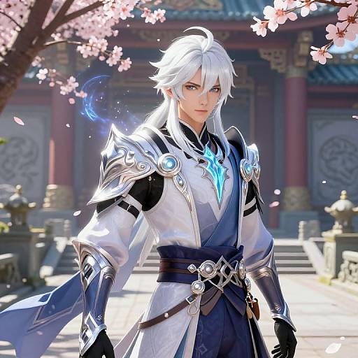 Digital art of a white-haired, blue-eyed male warrior with silver armor and glowing blue chest emblem, standing in a cherry blossom courtyard.