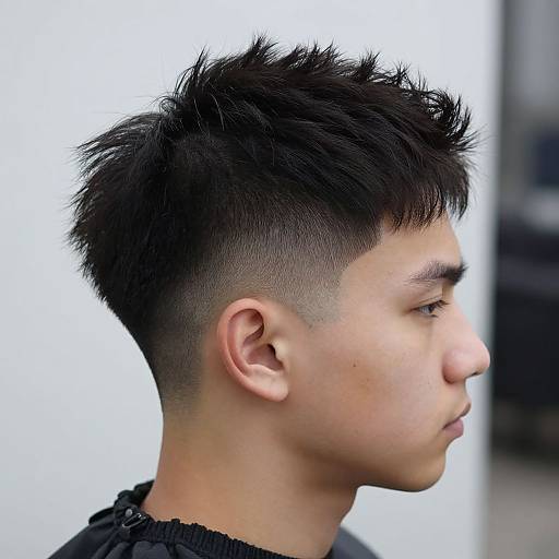 Photograph of young Asian man with short, spiked black hair featuring a high fade and undercut, in profile view against a blurred white background.