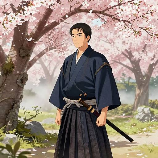 Anime-style illustration of a serious young man in a navy kimono, standing under cherry blossom trees with a sheathed sword at his waist.