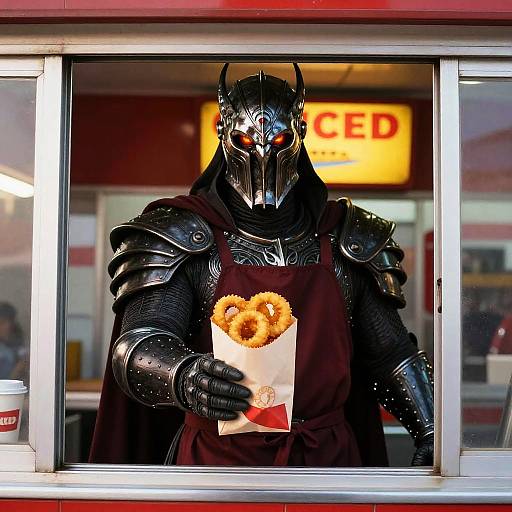Photograph of a knight in black armor with red glowing eyes, wearing a maroon apron, holding a bag of fries, standing in a fast