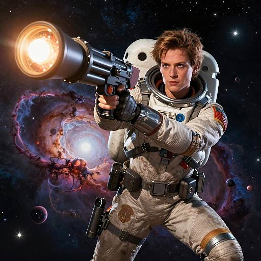 Photograph-style CGI of a determined, brown-haired man in a white space suit, aiming a glowing, laser-like gun in a vibrant, starry