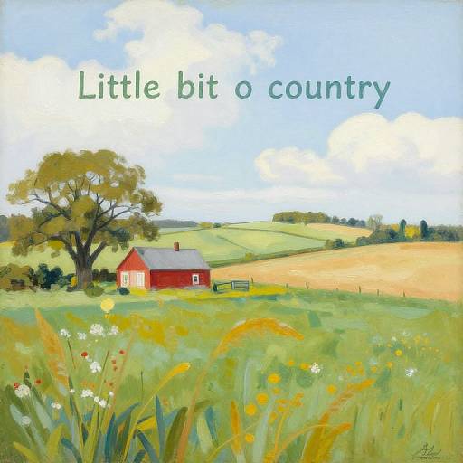 Painted landscape of a red barn with white trim, tree, and yellow fields, captioned 