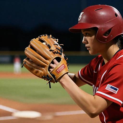 Female Baseball Player in Red Uniform Catching Baseball