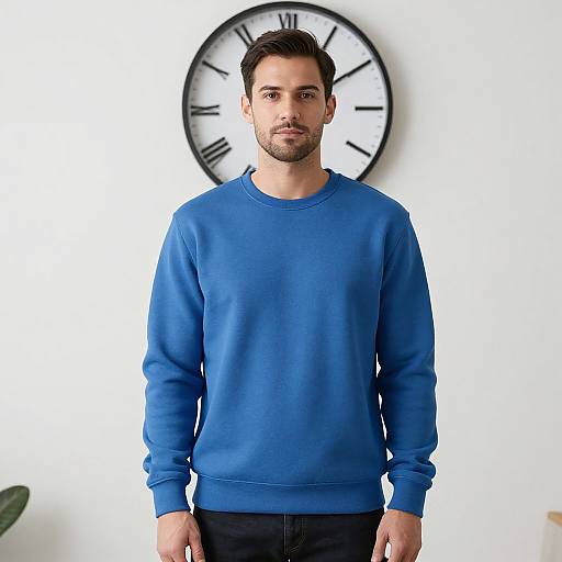 Photograph of a bearded man with short dark hair, wearing a bright blue sweatshirt, standing in front of a large black and white clock against