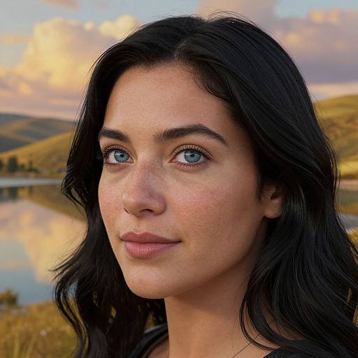 Photorealistic portrait of a young woman with fair skin, blue eyes, black wavy hair, and freckles, standing outdoors with a serene