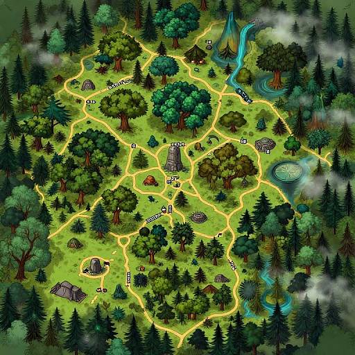 Colorful digital map of a forest village: glowing yellow paths, green trees, tents, castle, waterfall, river, rocks, and mist. Fantasy