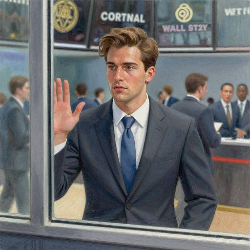 Photorealistic digital image of a handsome young man with brown hair in a dark suit, blue tie, and white shirt, waving through a glass window