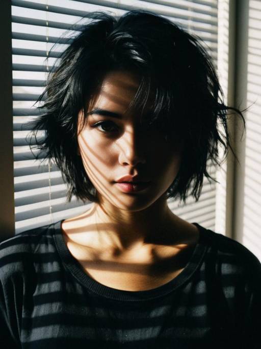 Portrait of Young Woman with Shadows from Window Blinds