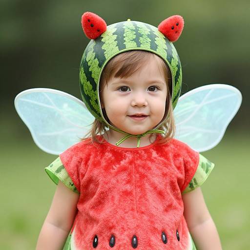 Photograph of a smiling toddler with watermelon-themed costume: green-striped hat with red ears, red fuzzy dress, and white fairy wings, standing in